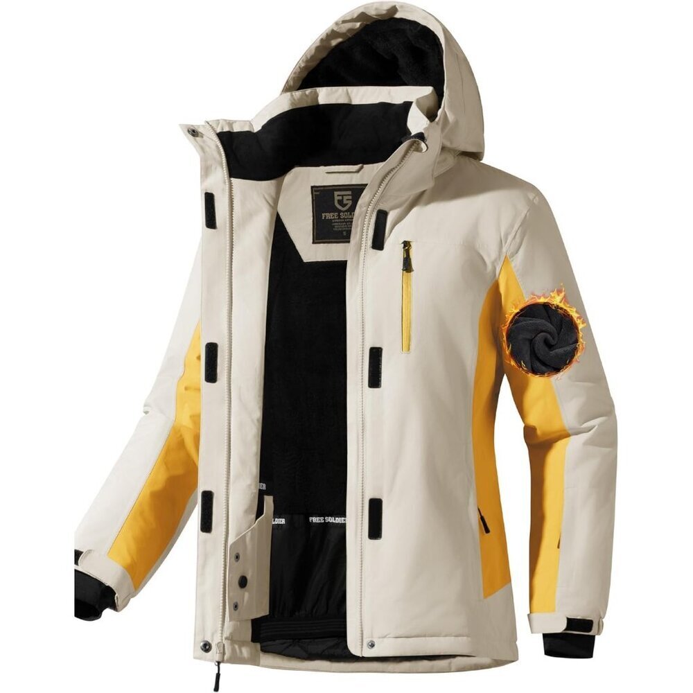 Women's Ginger Yellow Hood Ski Snow Jacket Fuzzy Fleece Lined Winter Warm